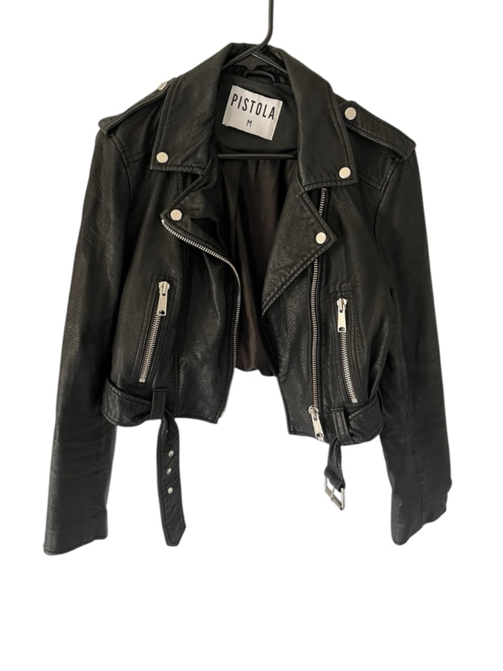 pistola Black Cropped vegan Leather Moto Jacket with Silver Hardware